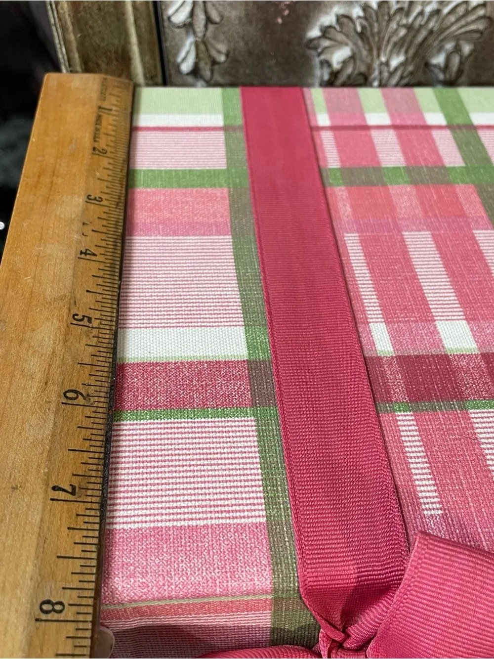 Pink green white plaid fabric storage gift box